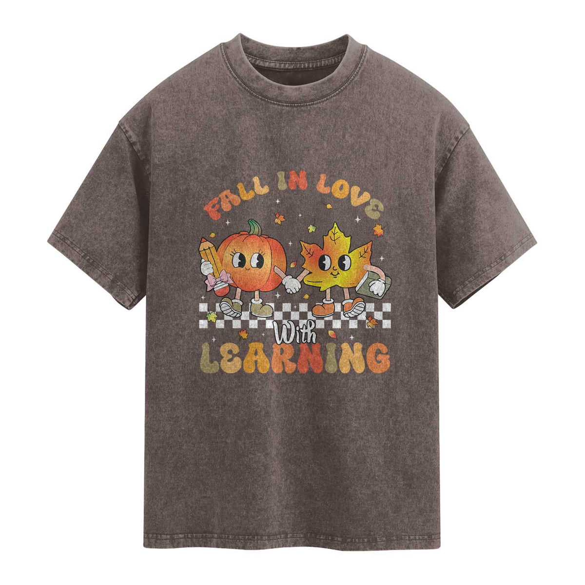 Autumn Teacher Washed Cotton T-Shirt Retro Fall In Love With Learning Thanksgiving Pumpkin