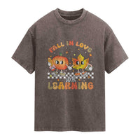 Autumn Teacher Washed Cotton T-Shirt Retro Fall In Love With Learning Thanksgiving Pumpkin