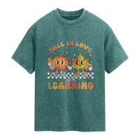 Autumn Teacher Washed Cotton T-Shirt Retro Fall In Love With Learning Thanksgiving Pumpkin