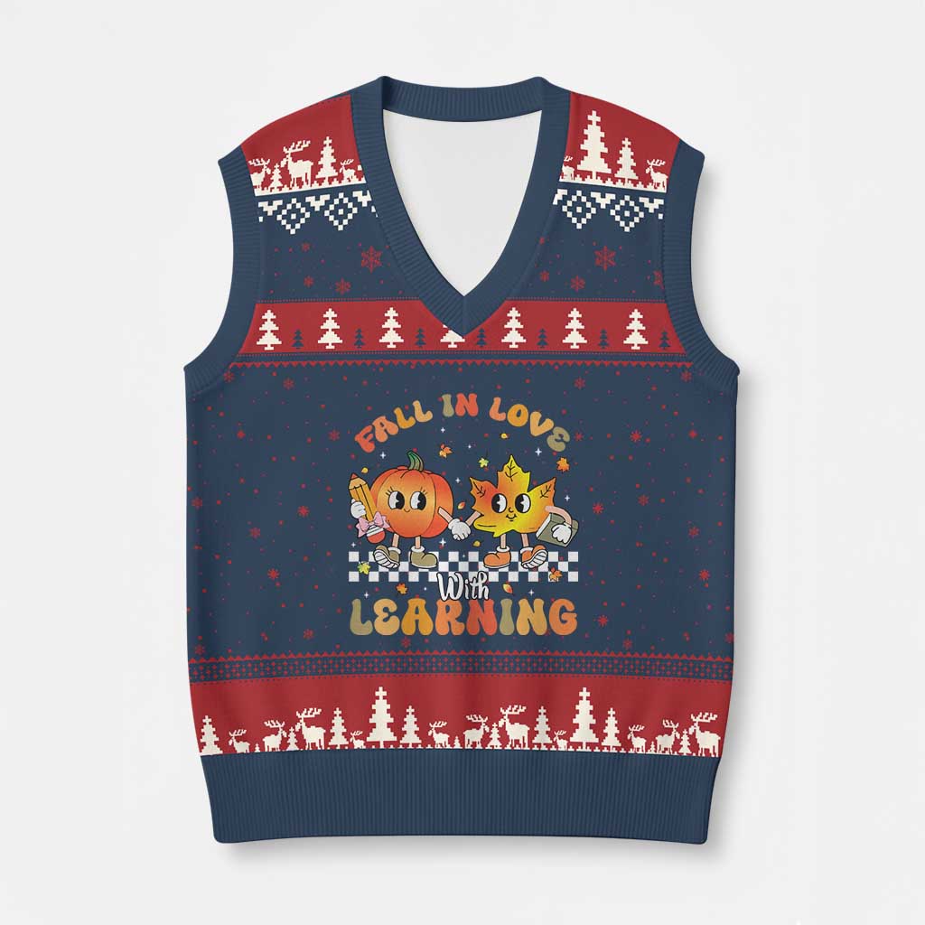 Autumn Teacher V-Neck Knit Sweater Vest Retro Fall In Love With Learning Thanksgiving Pumpkin - Wonder Print Shop