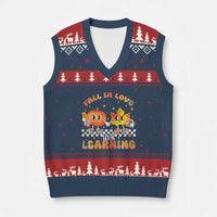 Autumn Teacher V-Neck Knit Sweater Vest Retro Fall In Love With Learning Thanksgiving Pumpkin - Wonder Print Shop