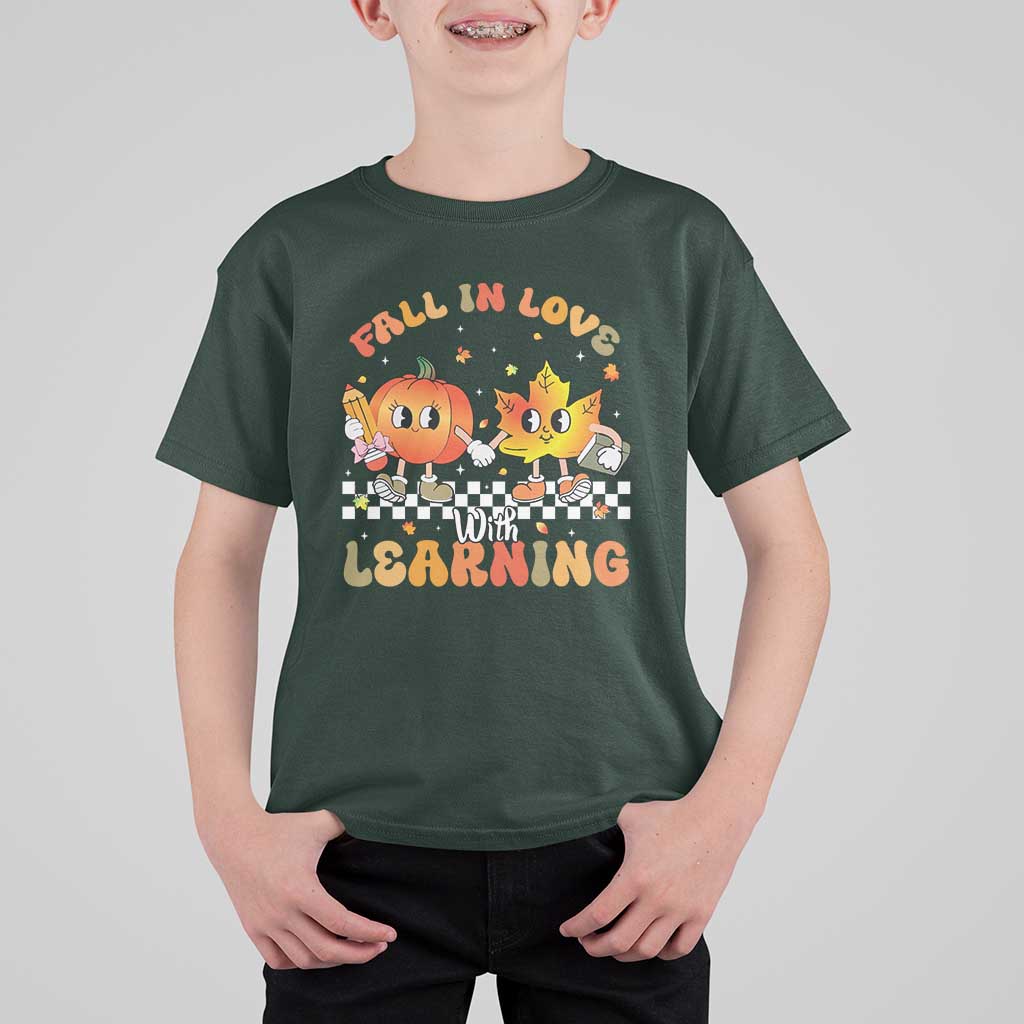 Autumn Teacher T Shirt For Kid Retro Fall In Love With Learning Thanksgiving Pumpkin - Wonder Print Shop