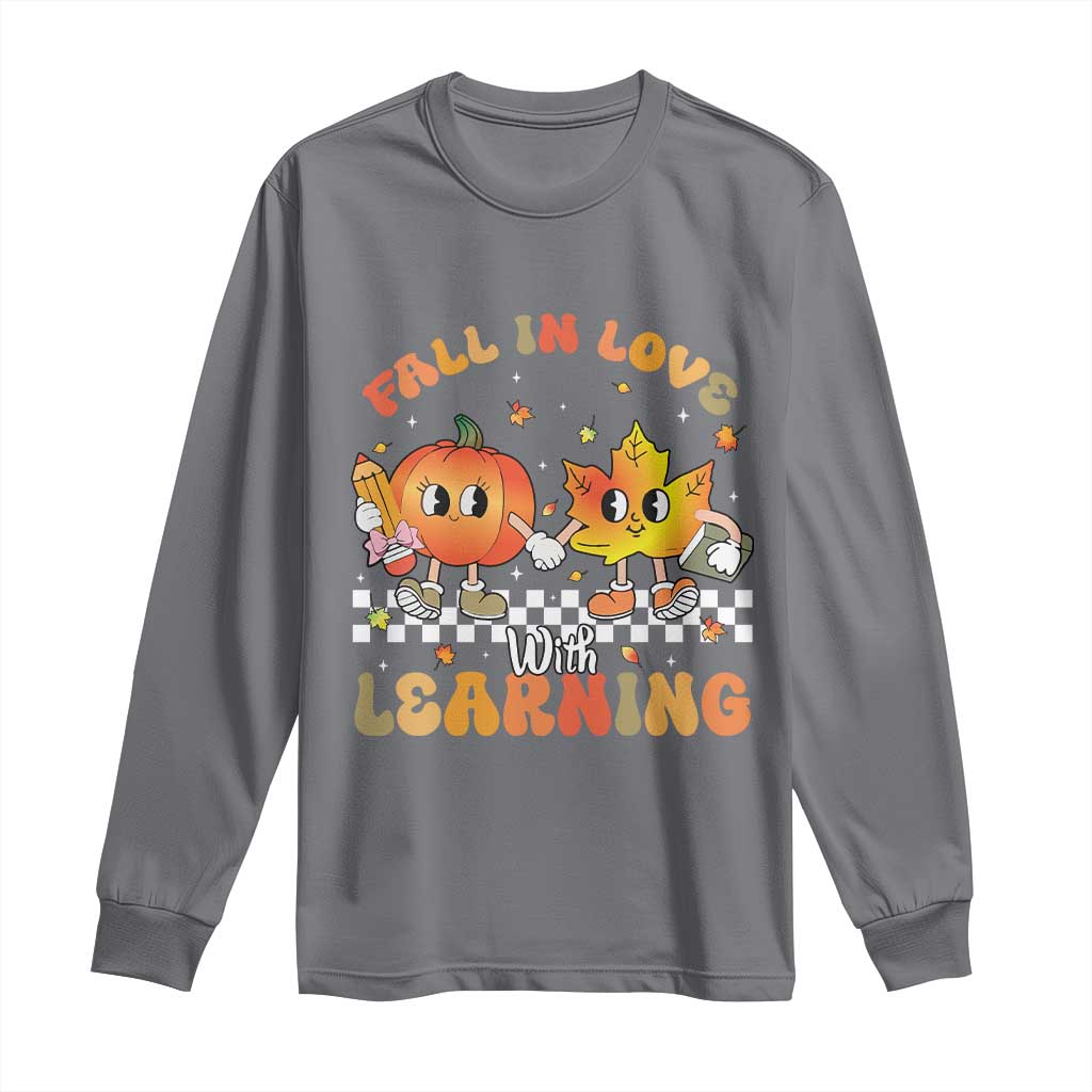 Autumn Teacher Long Sleeve Shirt Retro Fall In Love With Learning Thanksgiving Pumpkin - Wonder Print Shop