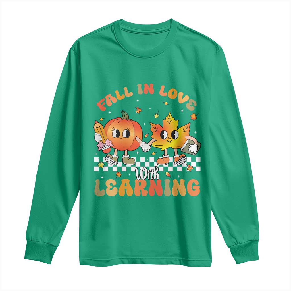 Autumn Teacher Long Sleeve Shirt Retro Fall In Love With Learning Thanksgiving Pumpkin - Wonder Print Shop