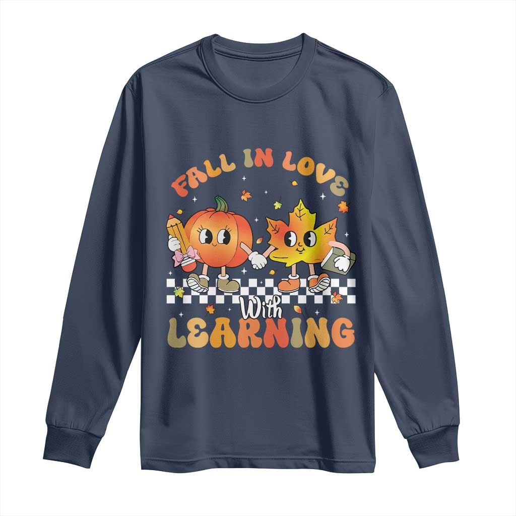 Autumn Teacher Long Sleeve Shirt Retro Fall In Love With Learning Thanksgiving Pumpkin - Wonder Print Shop