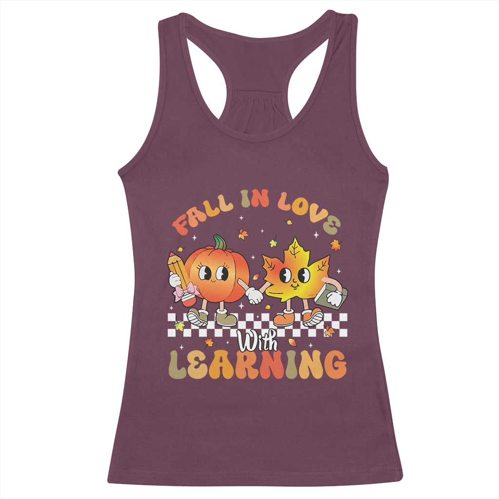 Autumn Teacher Racerback Tank Top Retro Fall In Love With Learning Thanksgiving Pumpkin - Wonder Print Shop