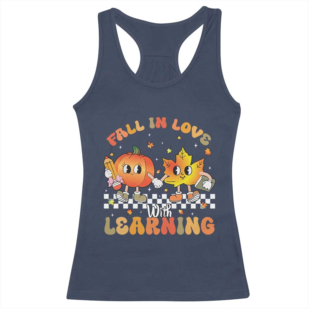 Autumn Teacher Racerback Tank Top Retro Fall In Love With Learning Thanksgiving Pumpkin - Wonder Print Shop