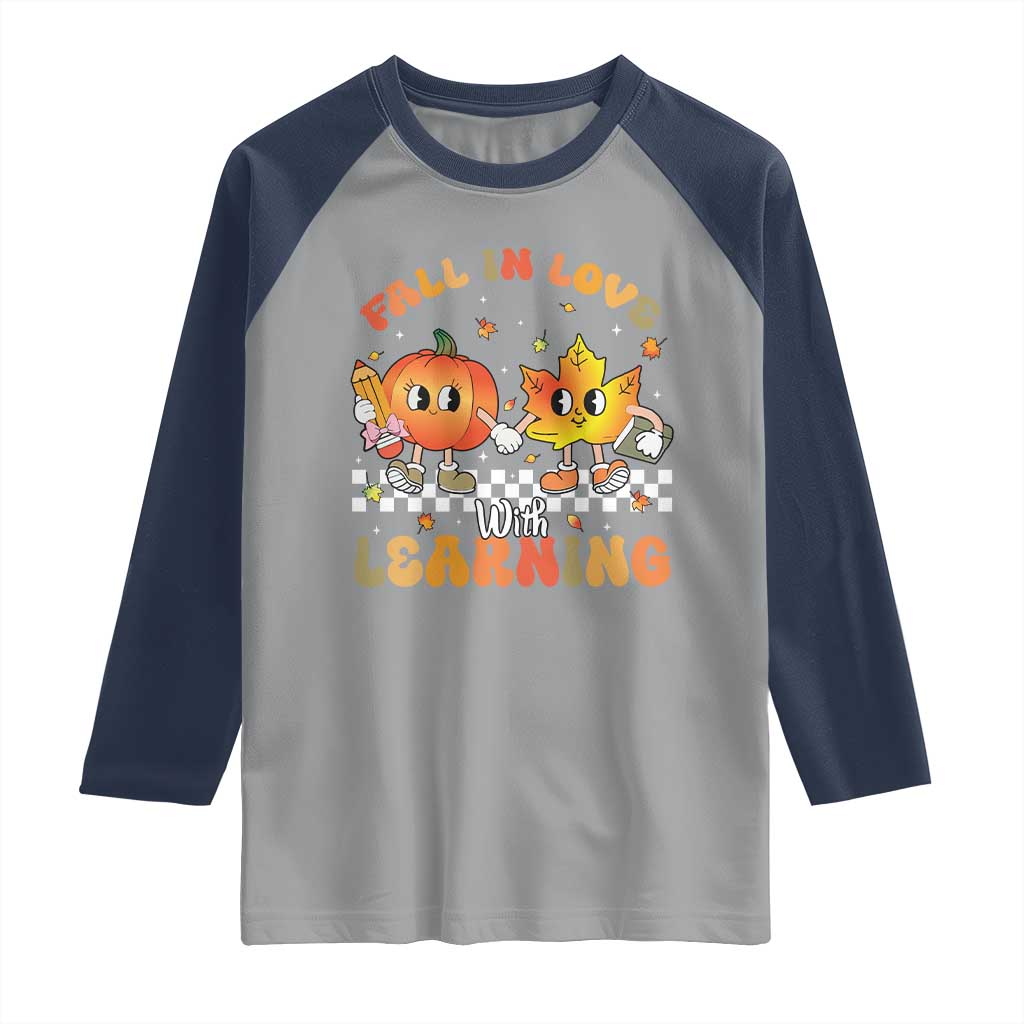 Autumn Teacher Raglan Shirt Retro Fall In Love With Learning Thanksgiving Pumpkin - Wonder Print Shop
