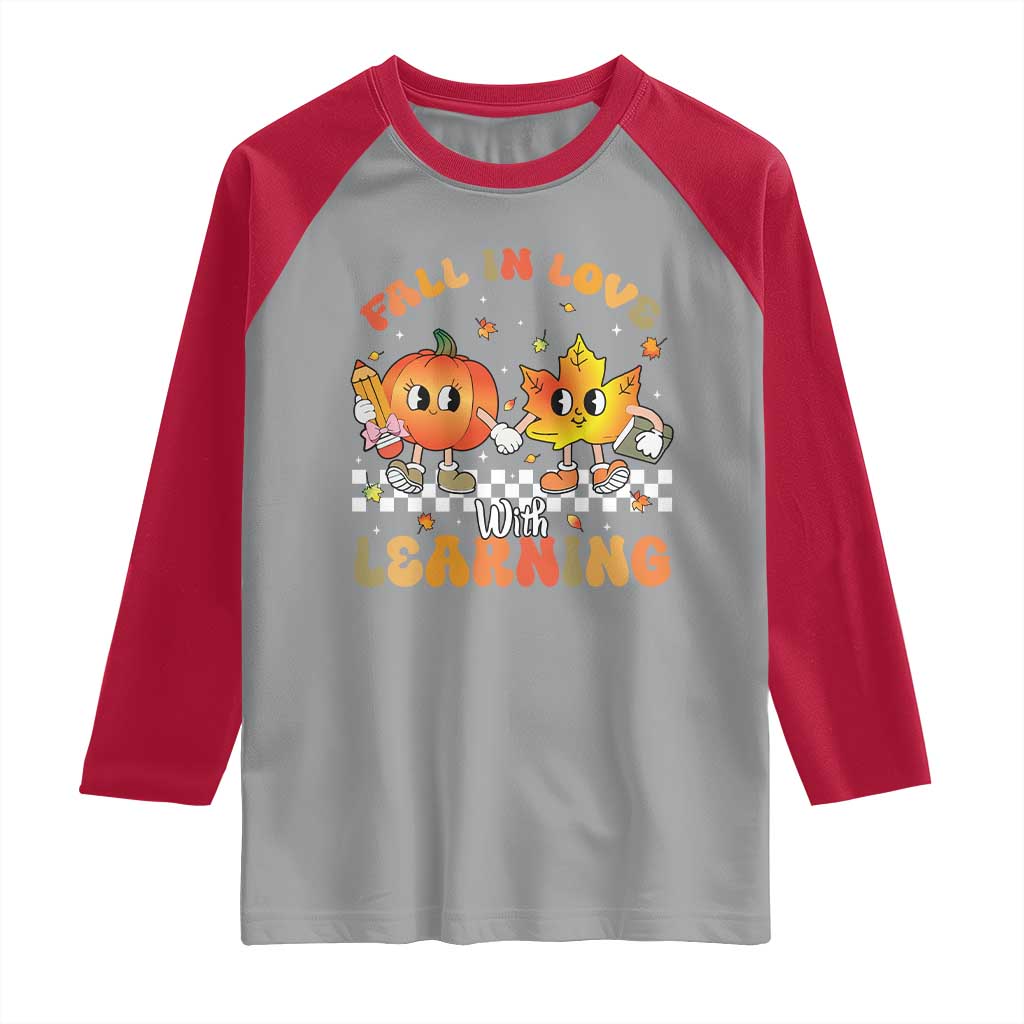 Autumn Teacher Raglan Shirt Retro Fall In Love With Learning Thanksgiving Pumpkin - Wonder Print Shop