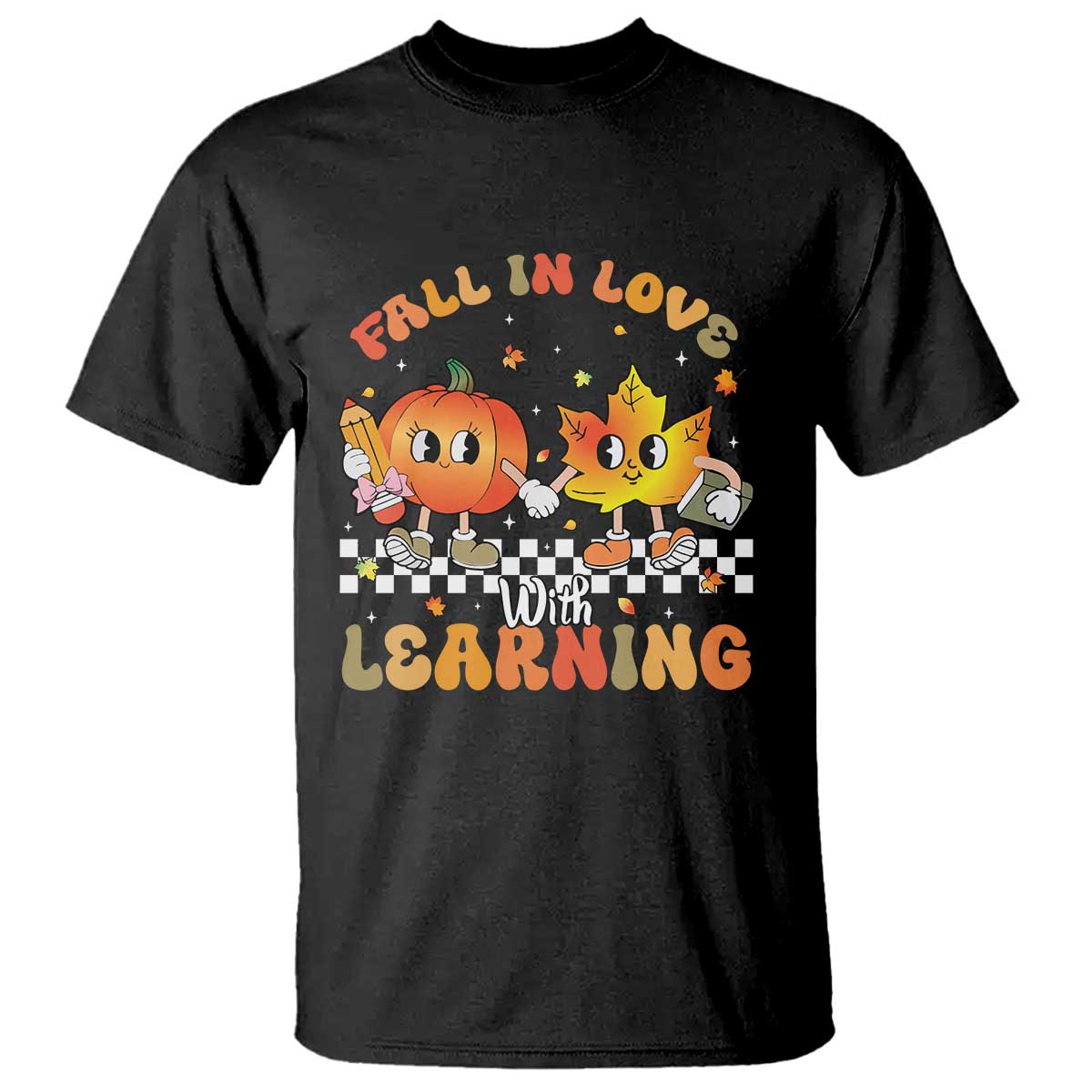 Autumn Teacher T Shirt Retro Fall In Love With Learning Thanksgiving Pumpkin - Wonder Print Shop
