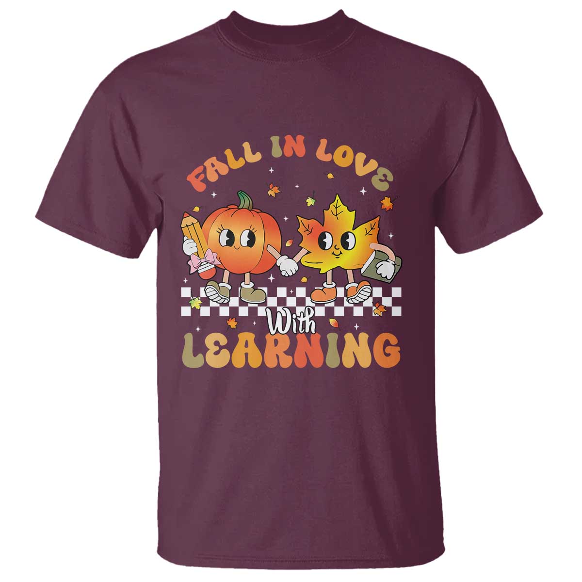 Autumn Teacher T Shirt Retro Fall In Love With Learning Thanksgiving Pumpkin - Wonder Print Shop
