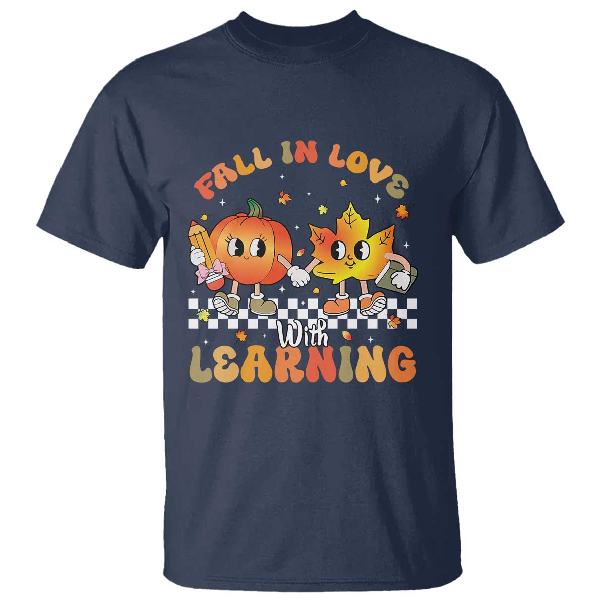 Autumn Teacher T Shirt Retro Fall In Love With Learning Thanksgiving Pumpkin - Wonder Print Shop