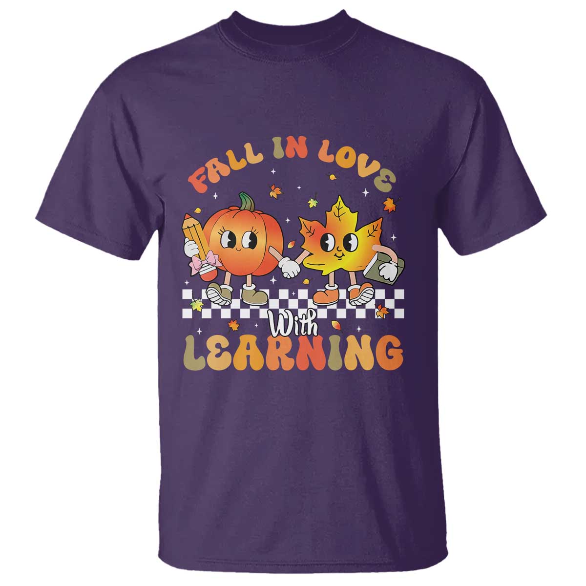 Autumn Teacher T Shirt Retro Fall In Love With Learning Thanksgiving Pumpkin - Wonder Print Shop