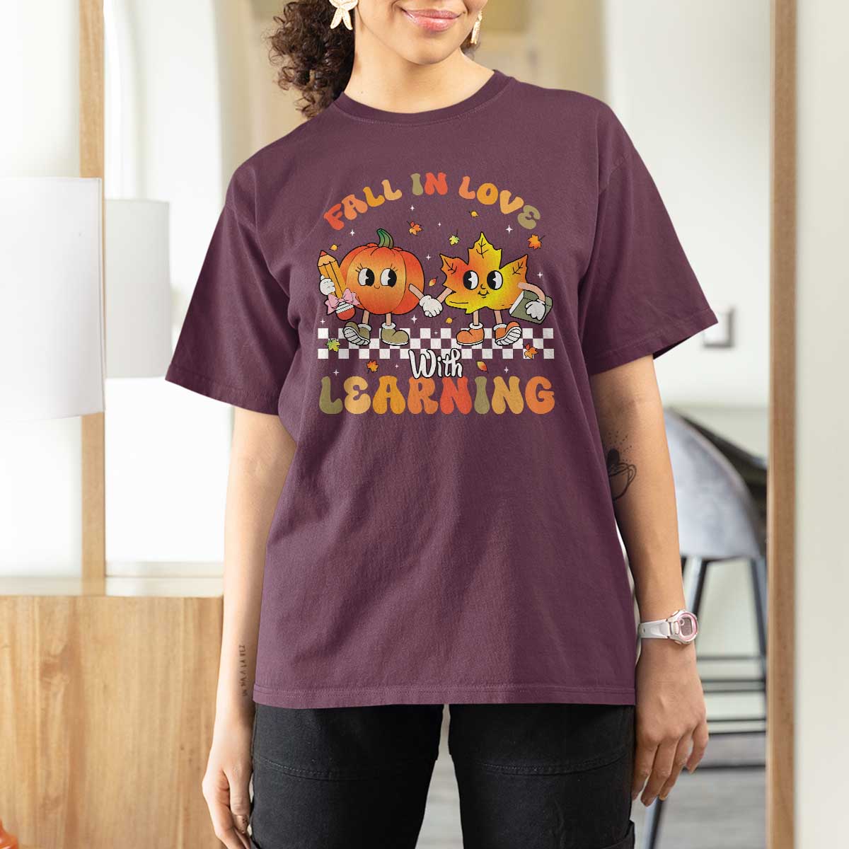 Autumn Teacher T Shirt For Women Retro Fall In Love With Learning Thanksgiving Pumpkin - Wonder Print Shop