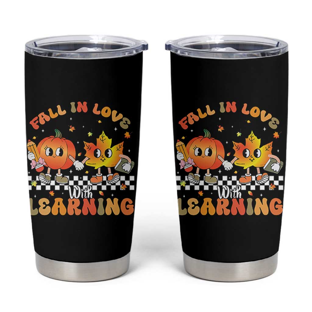 Autumn Teacher Tumbler Cup Retro Fall In Love With Learning Thanksgiving Pumpkin - Wonder Print Shop