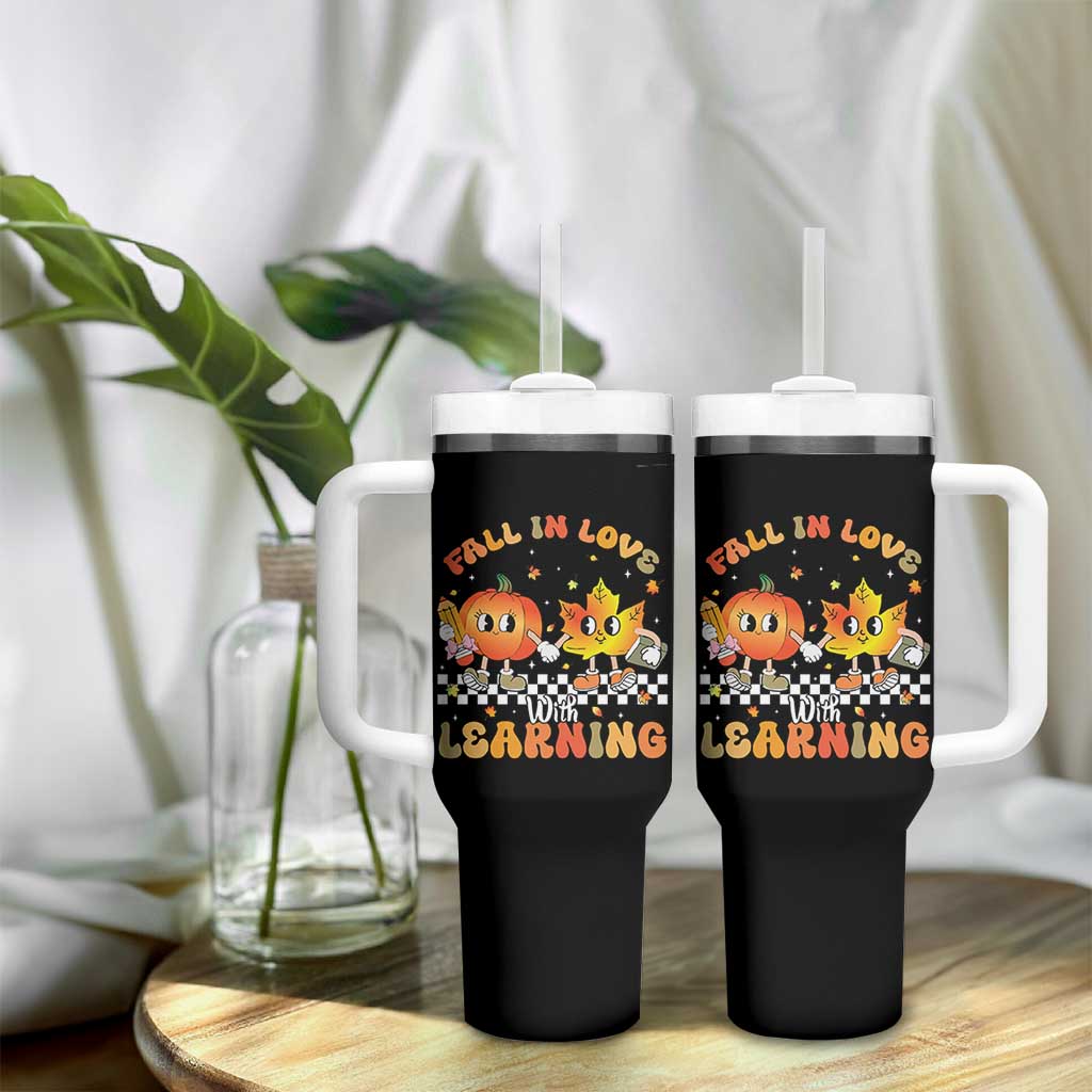 Autumn Teacher Tumbler With Handle Retro Fall In Love With Learning Thanksgiving Pumpkin - Wonder Print Shop