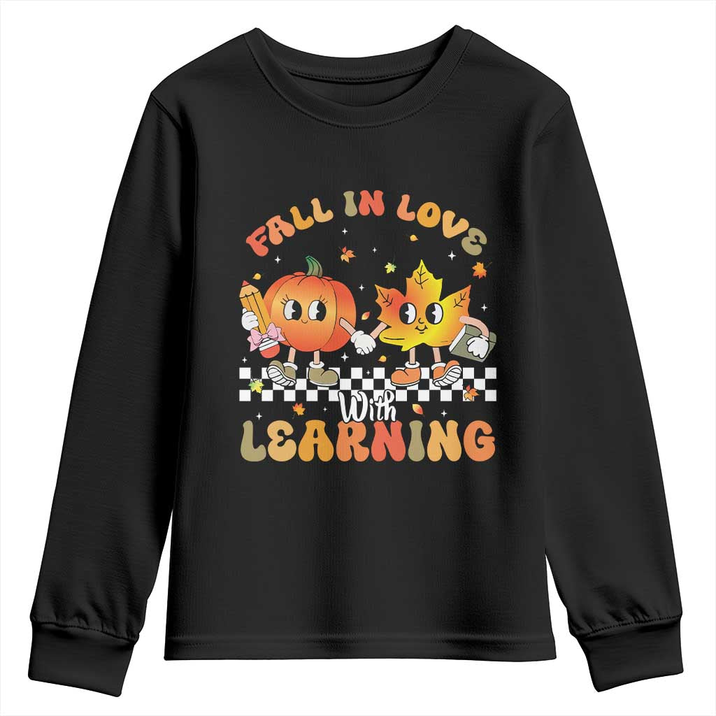 Autumn Teacher Youth Sweatshirt Retro Fall In Love With Learning Thanksgiving Pumpkin - Wonder Print Shop