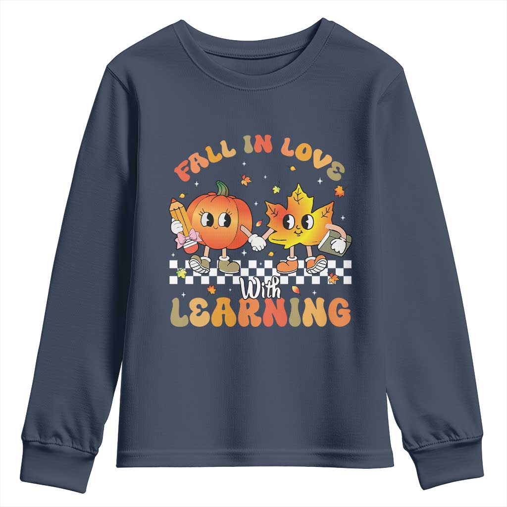 Autumn Teacher Youth Sweatshirt Retro Fall In Love With Learning Thanksgiving Pumpkin - Wonder Print Shop