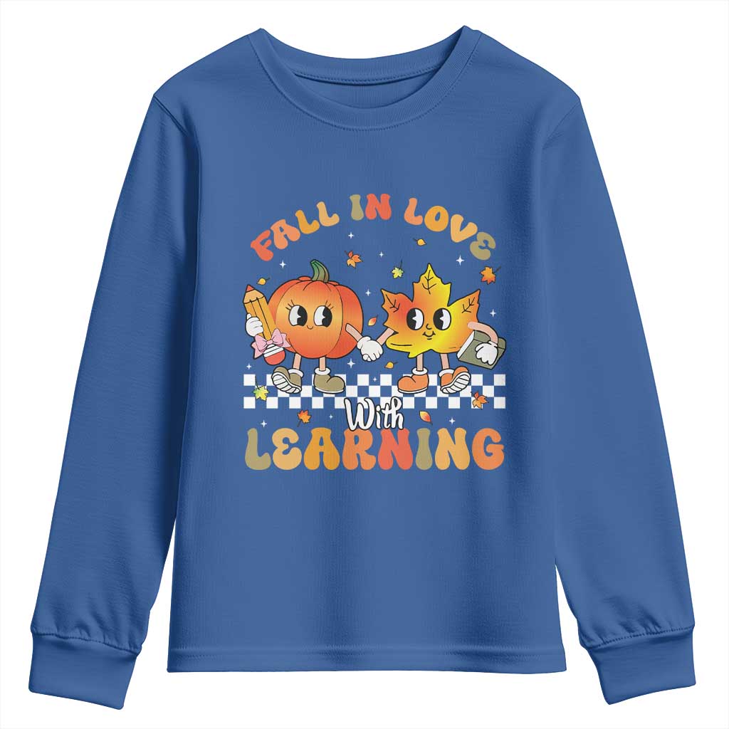 Autumn Teacher Youth Sweatshirt Retro Fall In Love With Learning Thanksgiving Pumpkin - Wonder Print Shop
