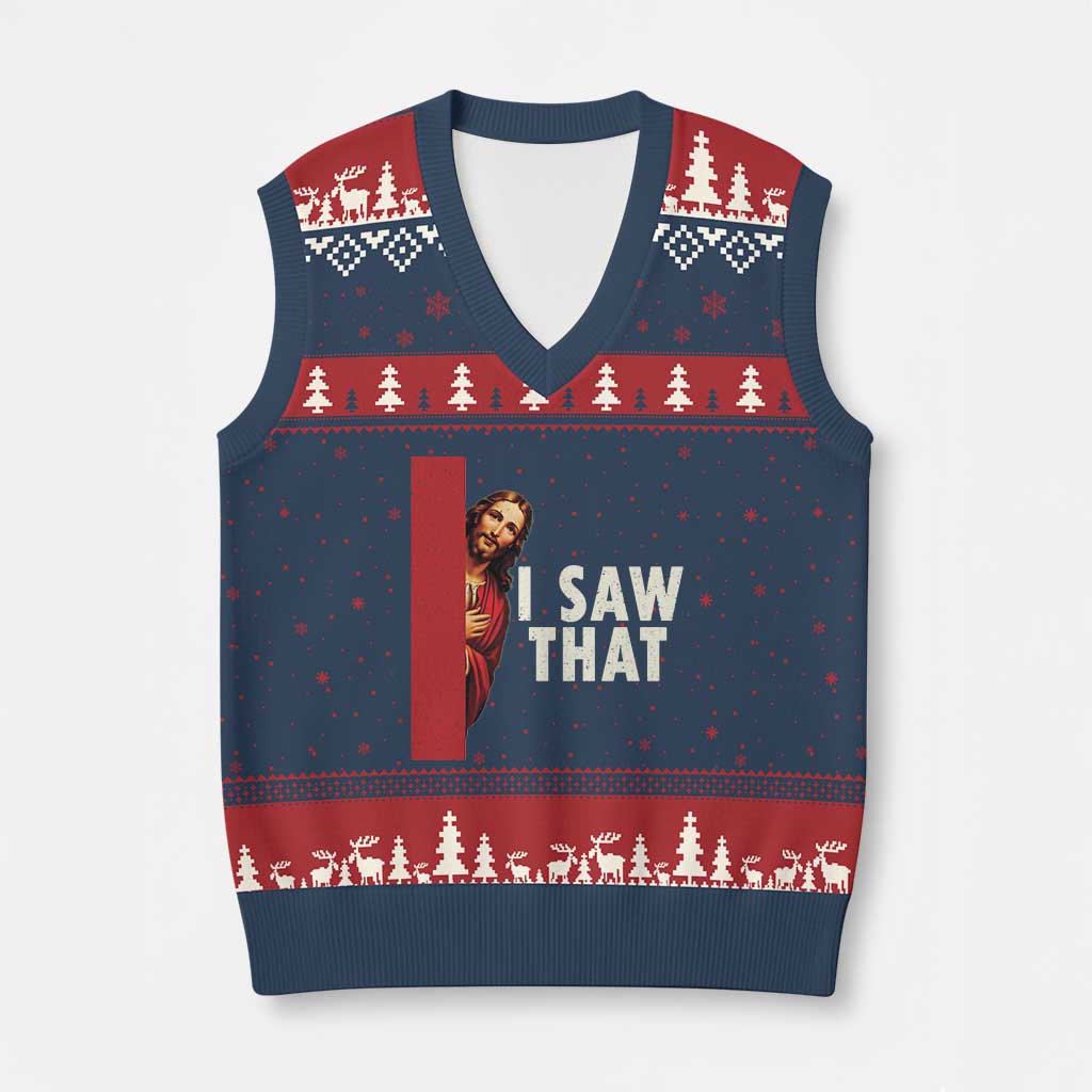 Funny Jesus I Saw That V-Neck Knit Sweater Vest Retro Christian Meme