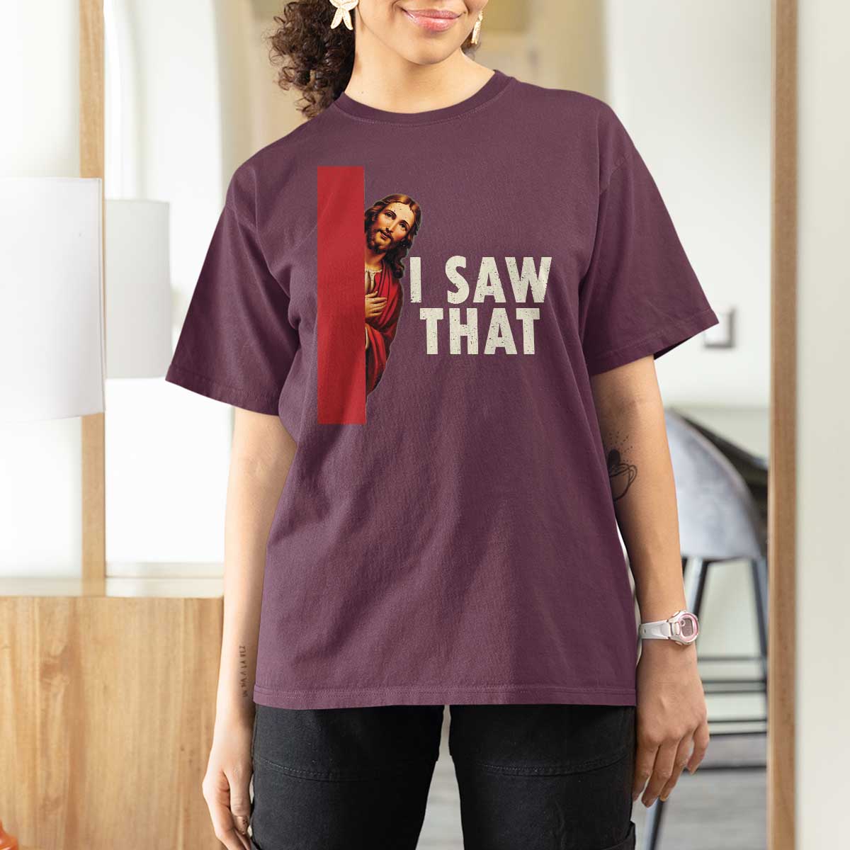 Funny Jesus I Saw That T Shirt For Women Retro Christian Meme