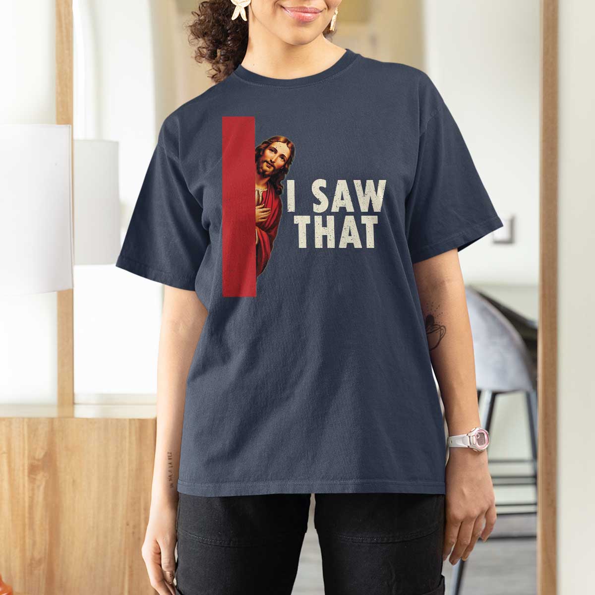 Funny Jesus I Saw That T Shirt For Women Retro Christian Meme