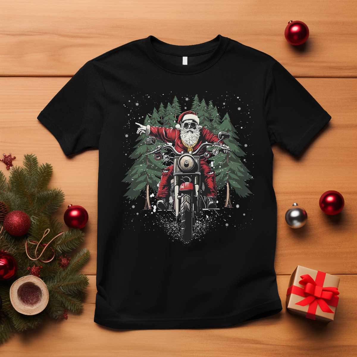 Christmas Motorcycle T Shirt Santa Biker Riding Motorcycle - Wonder Print Shop