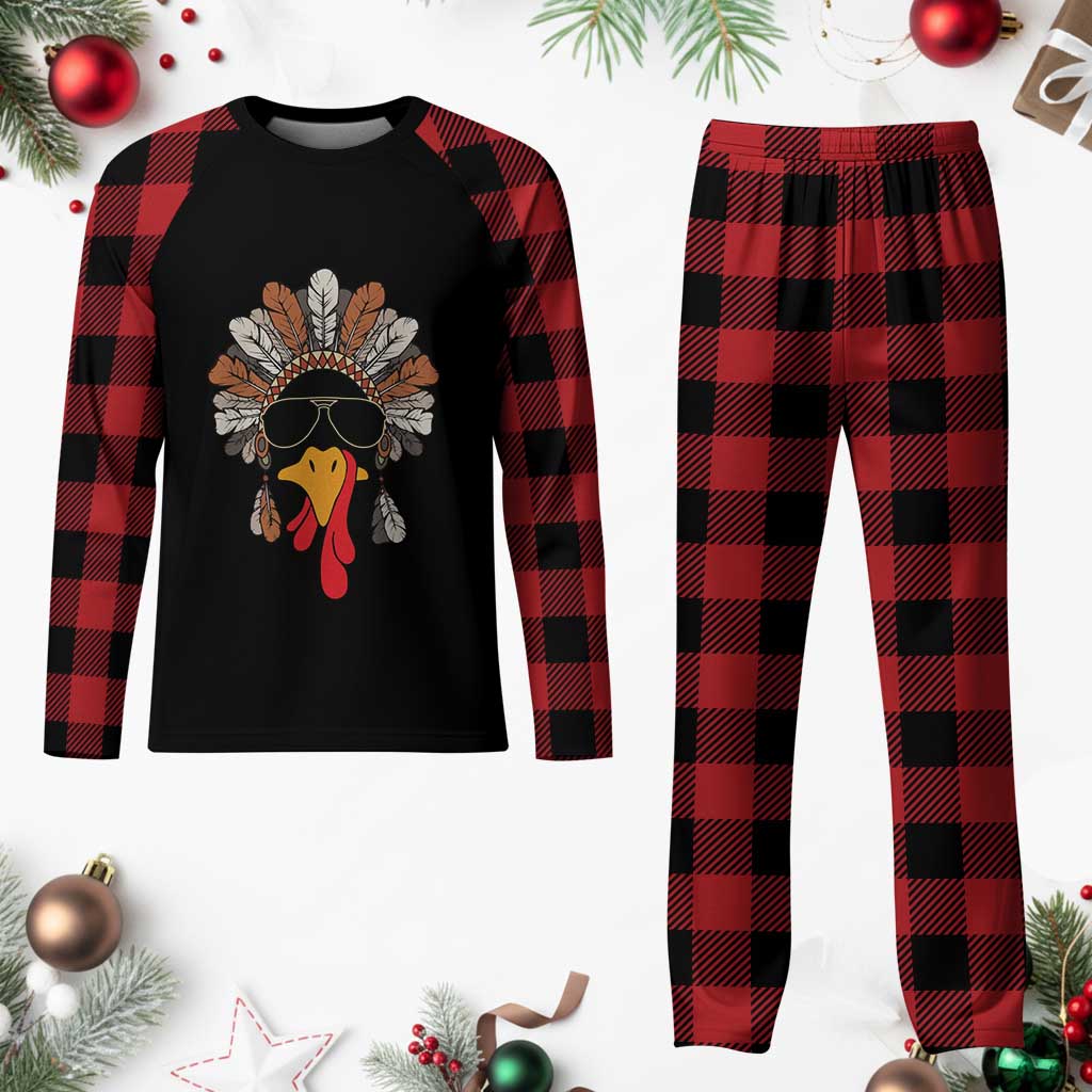 Funny Turkey Face Plaid Pajama Set Family Matching Native Hat Cute Fall Thanksgiving - Wonder Print Shop