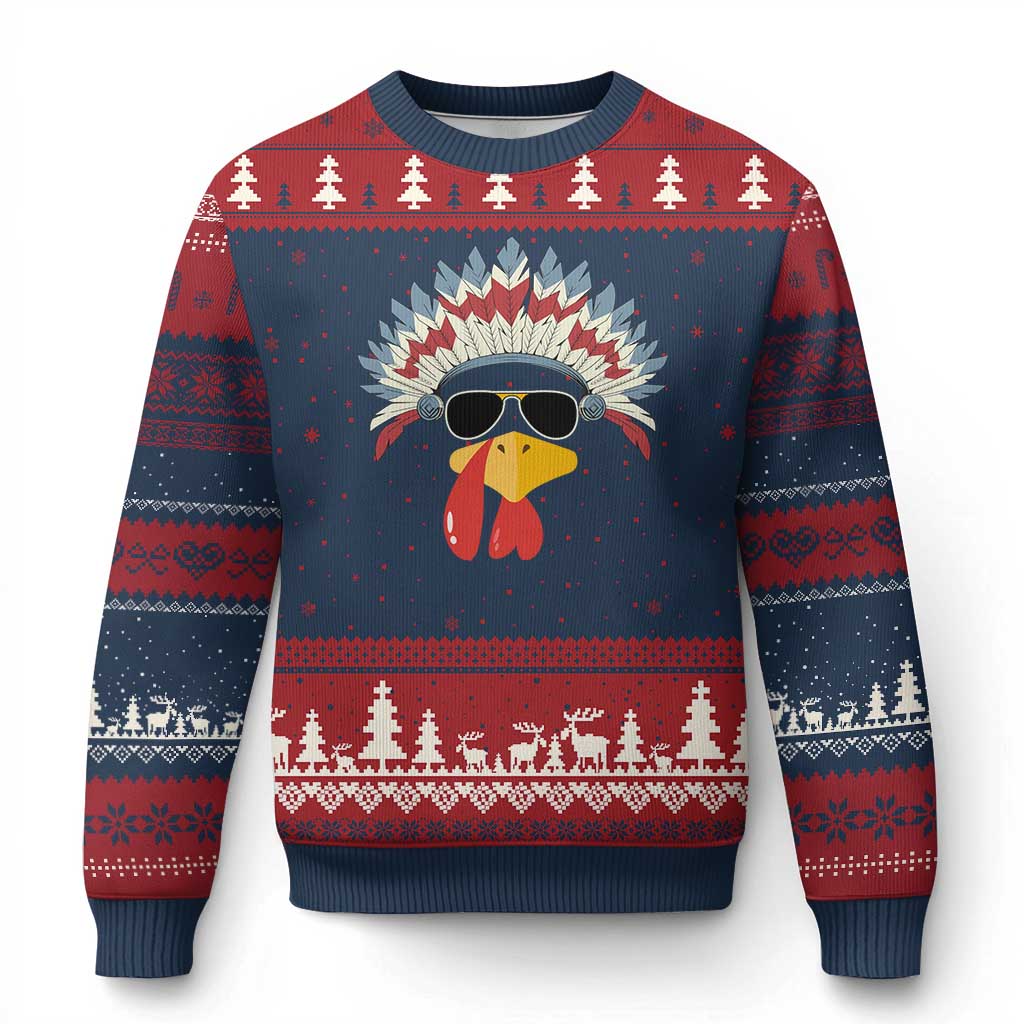 Funny Turkey Face Ugly Christmas Sweater Thanksgiving Family Group Native American Costumes - Wonder Print Shop