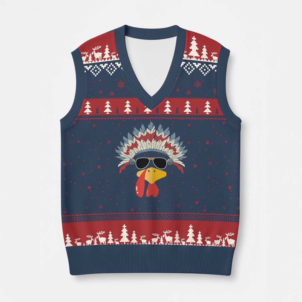 Funny Turkey Face V-Neck Knit Sweater Vest Thanksgiving Family Group Native American Costumes - Wonder Print Shop