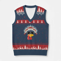 Funny Turkey Face V-Neck Knit Sweater Vest Thanksgiving Family Group Native American Costumes - Wonder Print Shop