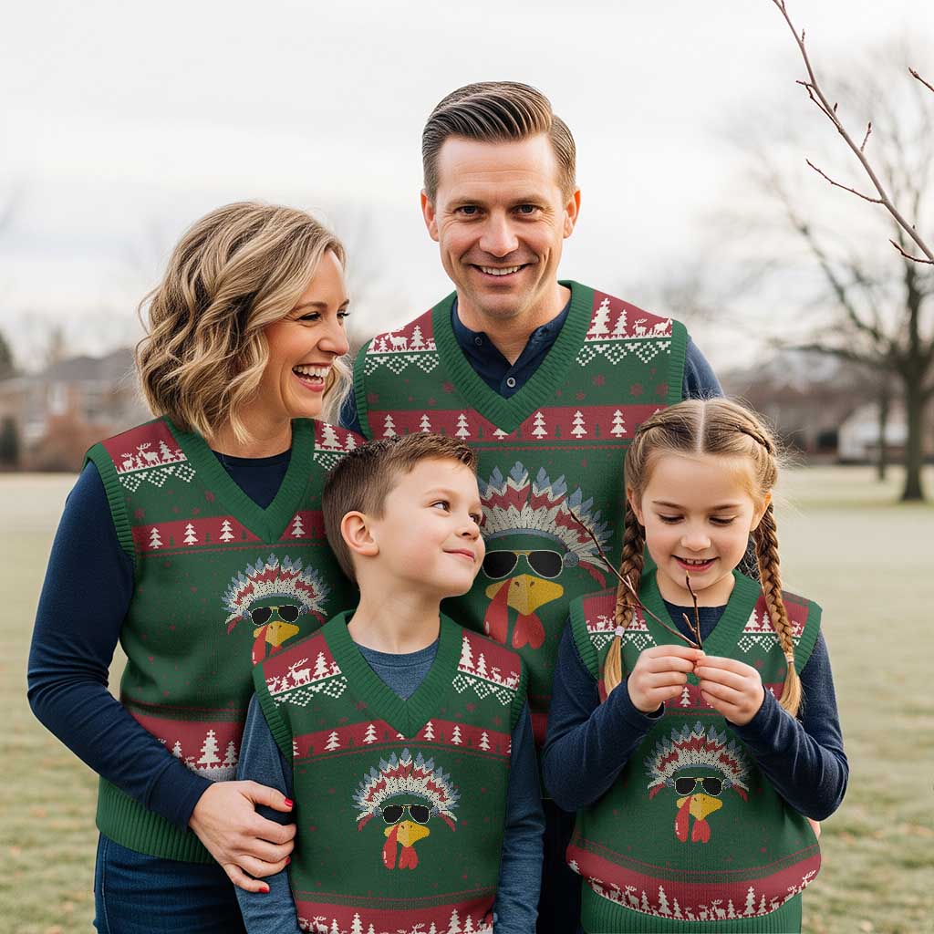 Funny Turkey Face V-Neck Knit Sweater Vest Thanksgiving Family Group Native American Costumes - Wonder Print Shop