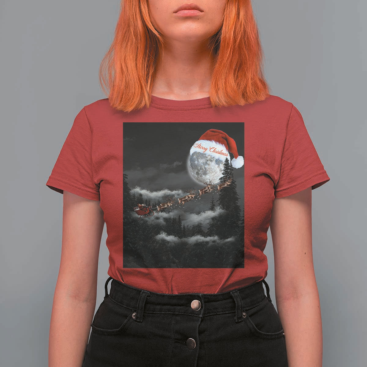 Merry Christmas T Shirt For Women Santa To The Moon - Wonder Print Shop