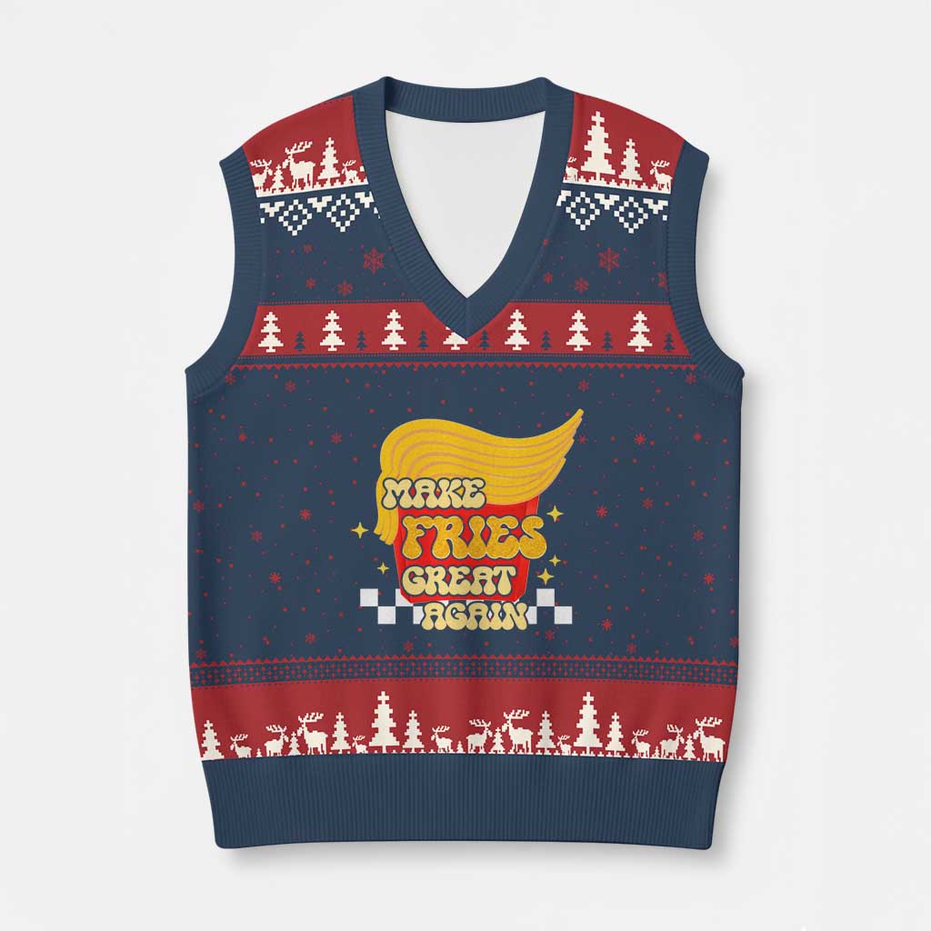 Funny Fries V-Neck Knit Sweater Vest Make Fries Great Again Checkered