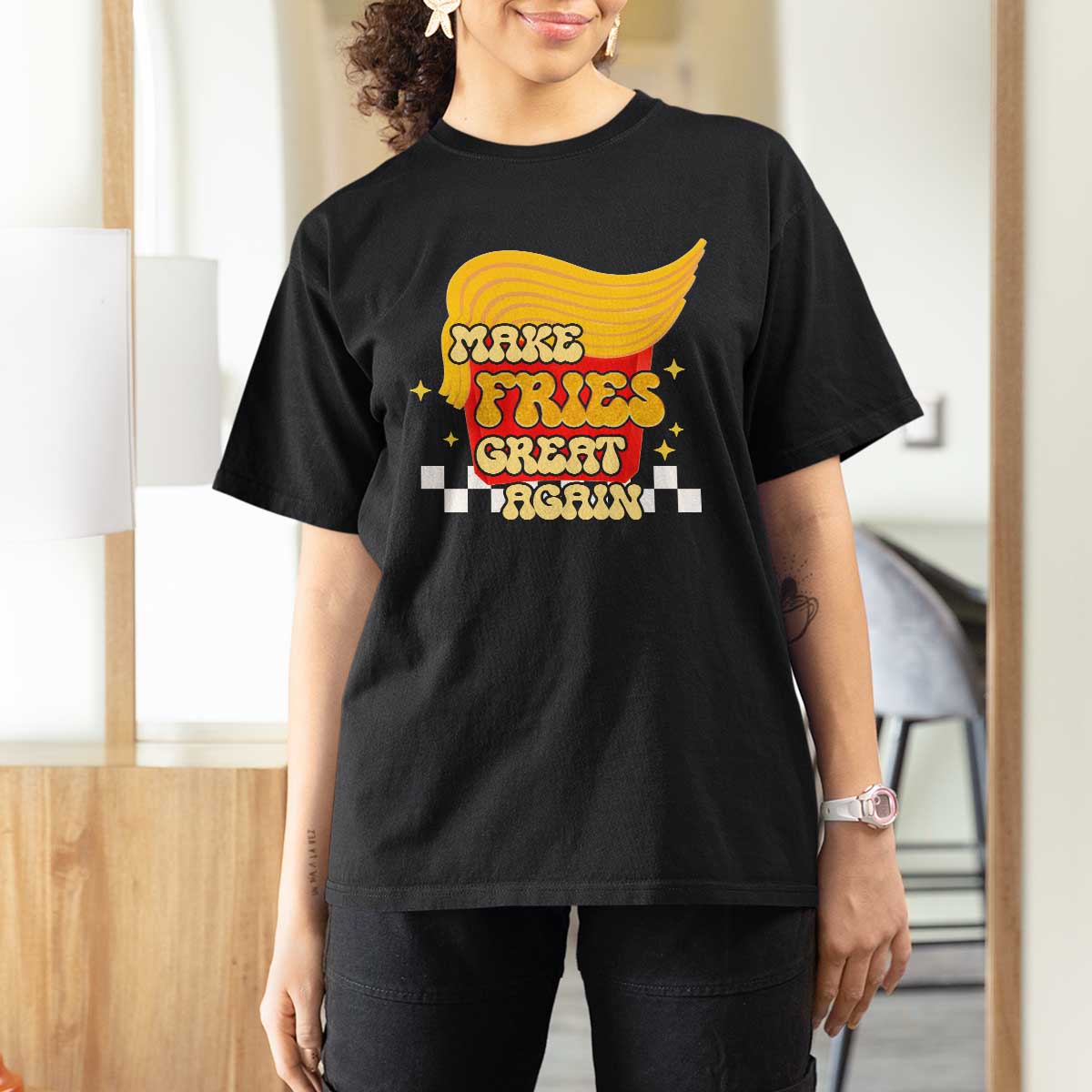 Funny Fries T Shirt For Women Make Fries Great Again Checkered