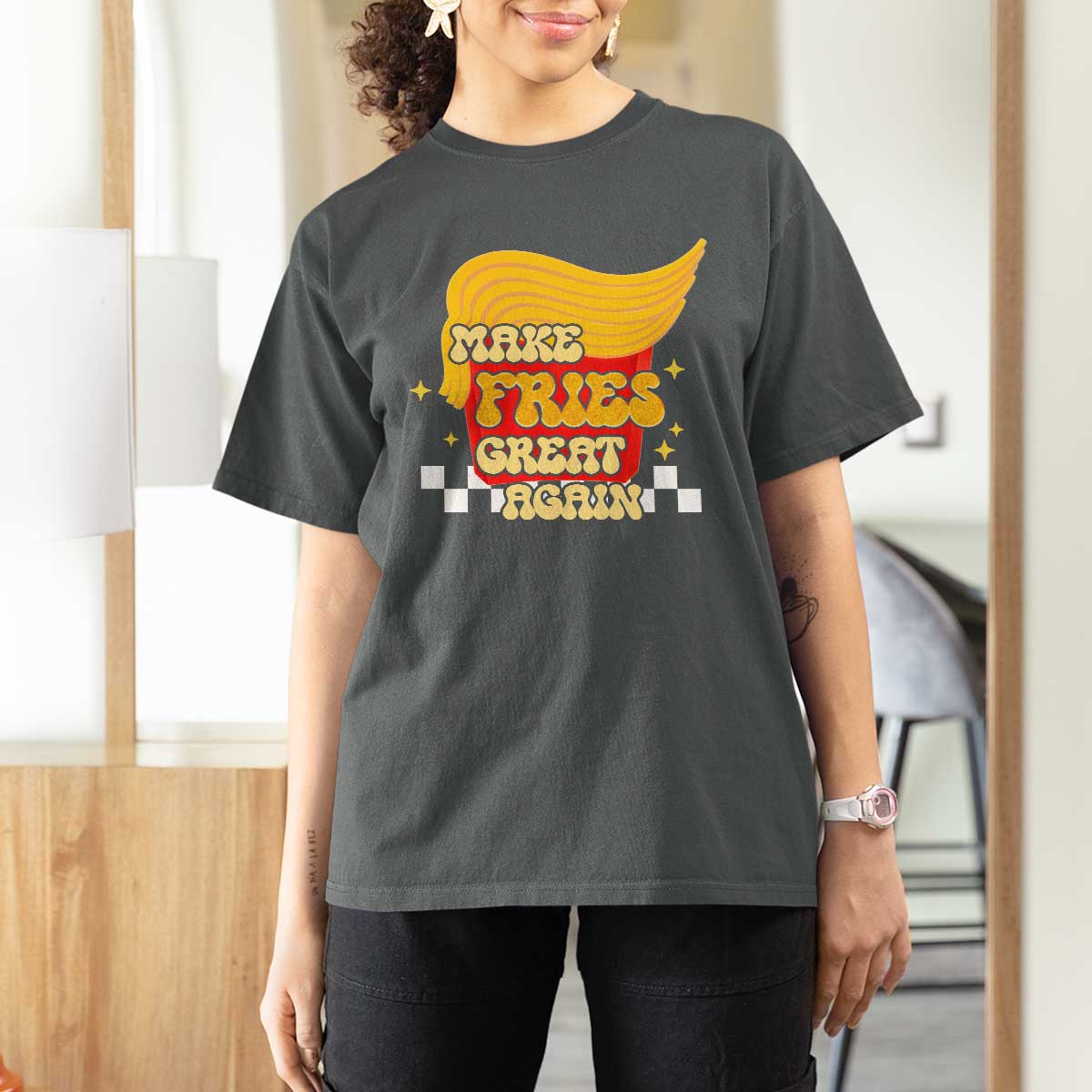 Funny Fries T Shirt For Women Make Fries Great Again Checkered