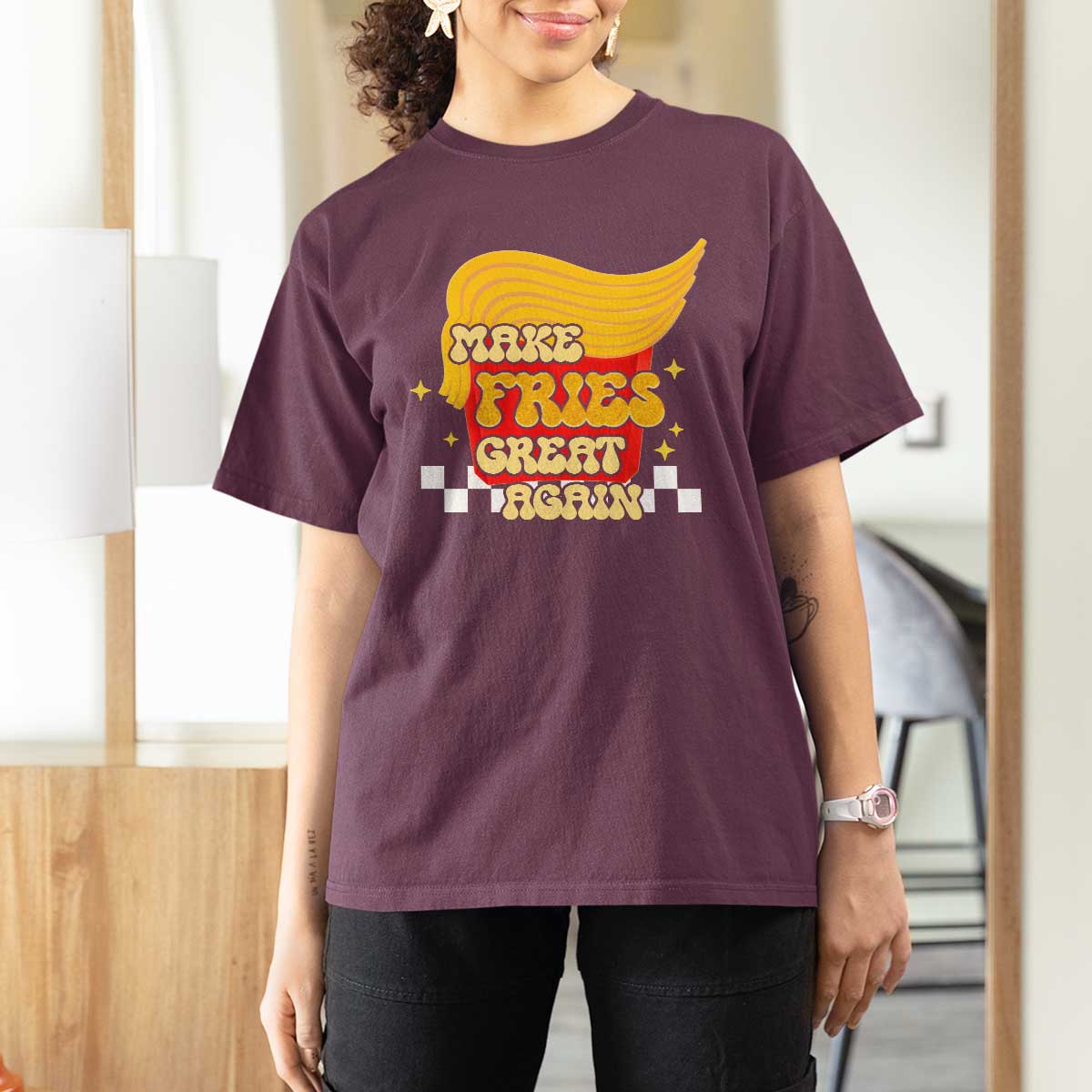 Funny Fries T Shirt For Women Make Fries Great Again Checkered