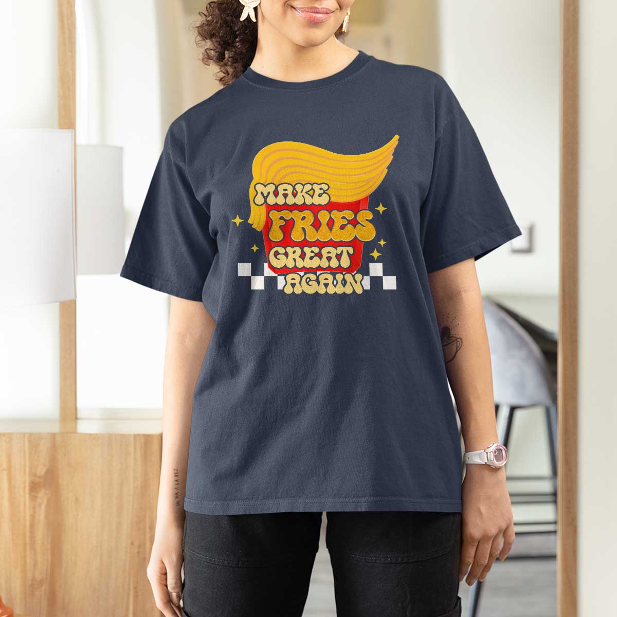 Funny Fries T Shirt For Women Make Fries Great Again Checkered