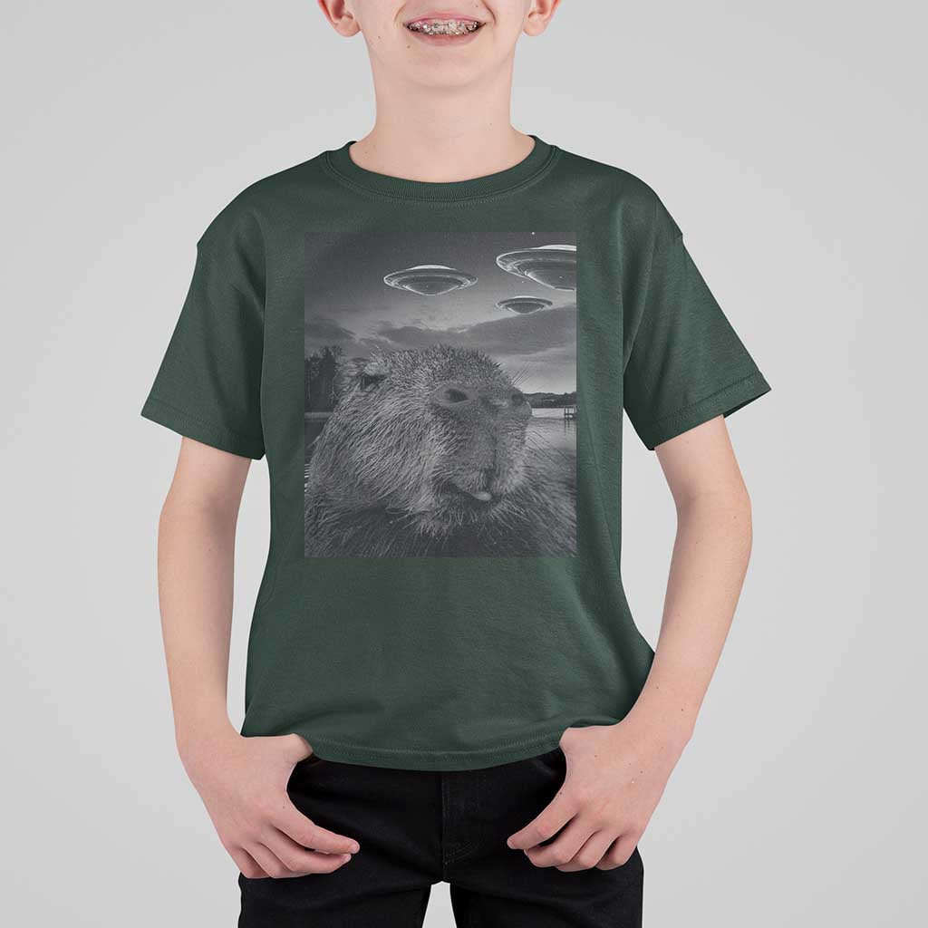 Funny Graphic Capybara Selfie with UFOs Weird T Shirt For Kid - Wonder Print Shop