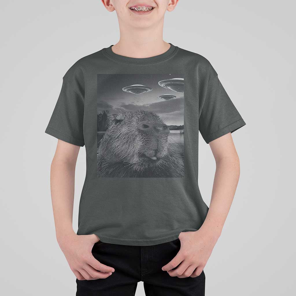 Funny Graphic Capybara Selfie with UFOs Weird T Shirt For Kid - Wonder Print Shop