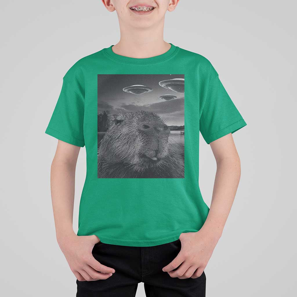 Funny Graphic Capybara Selfie with UFOs Weird T Shirt For Kid - Wonder Print Shop