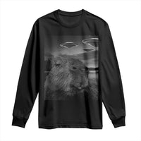 Funny Graphic Capybara Selfie with UFOs Weird Long Sleeve Shirt