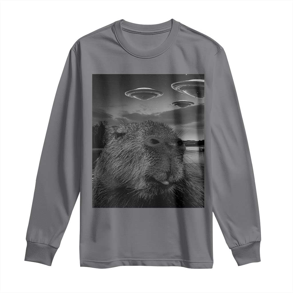 Funny Graphic Capybara Selfie with UFOs Weird Long Sleeve Shirt