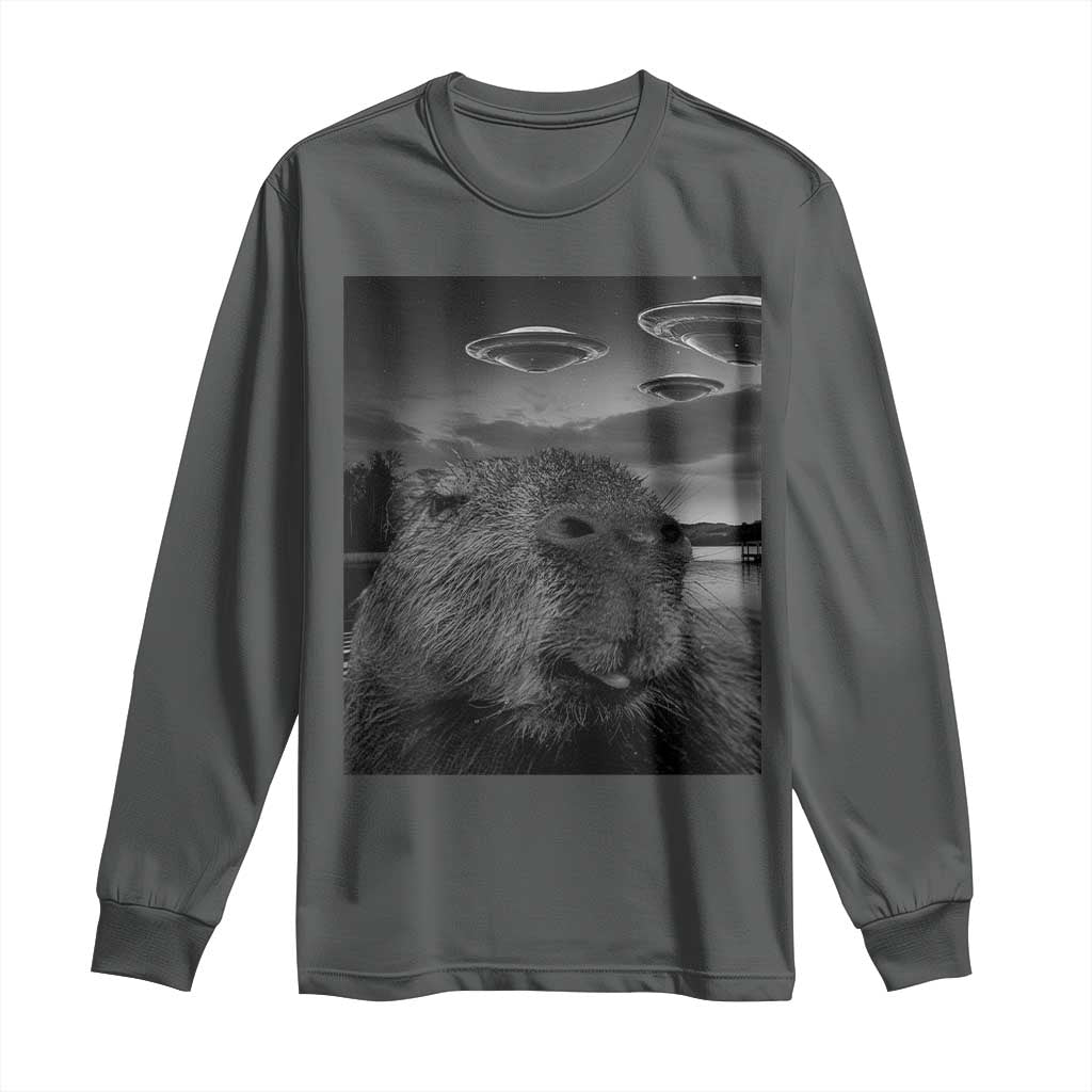 Funny Graphic Capybara Selfie with UFOs Weird Long Sleeve Shirt