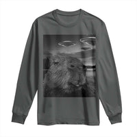 Funny Graphic Capybara Selfie with UFOs Weird Long Sleeve Shirt