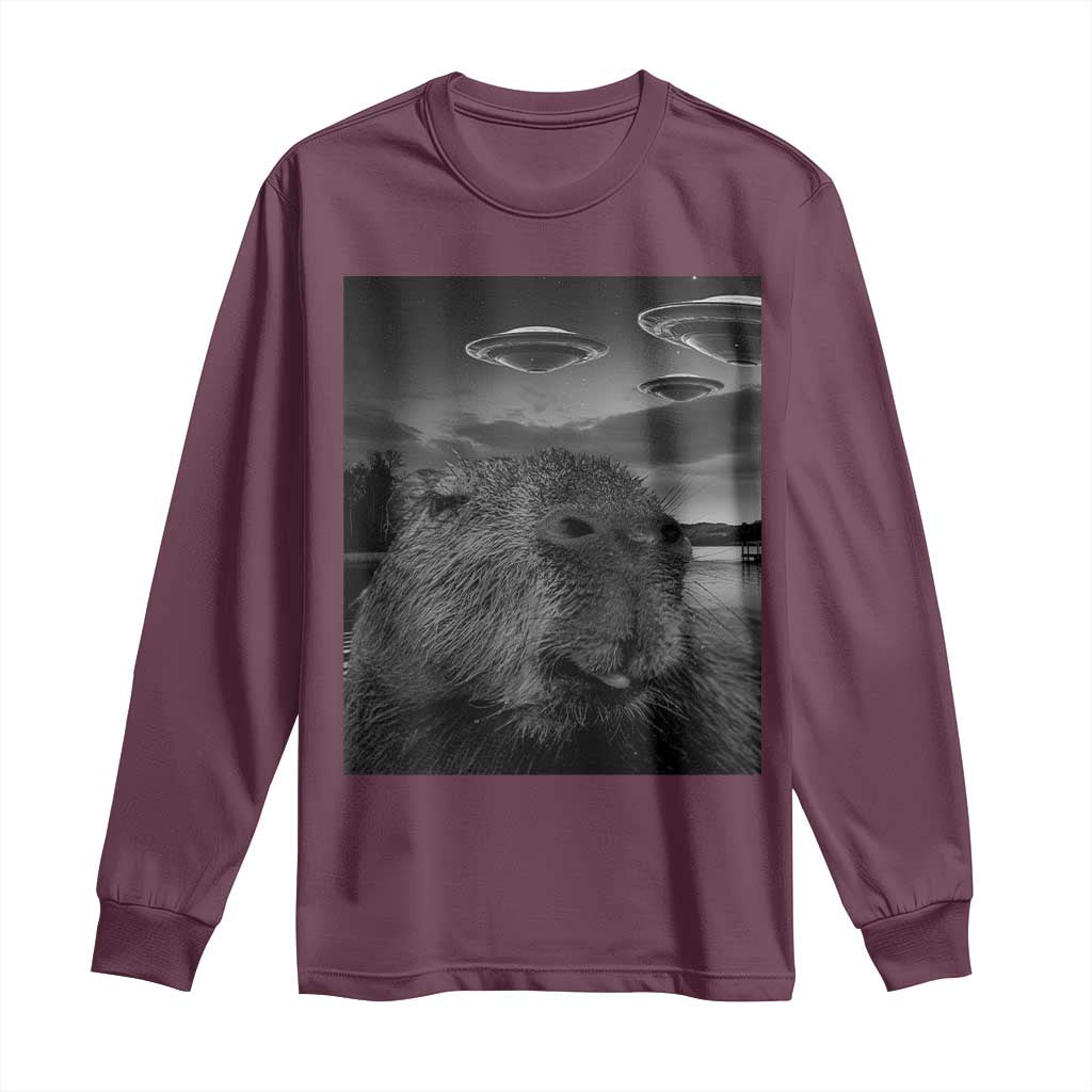 Funny Graphic Capybara Selfie with UFOs Weird Long Sleeve Shirt