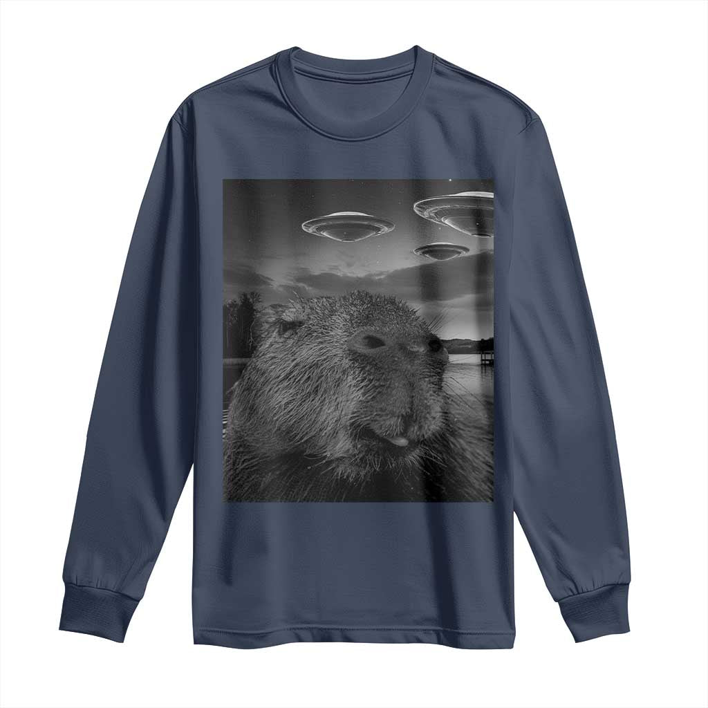Funny Graphic Capybara Selfie with UFOs Weird Long Sleeve Shirt
