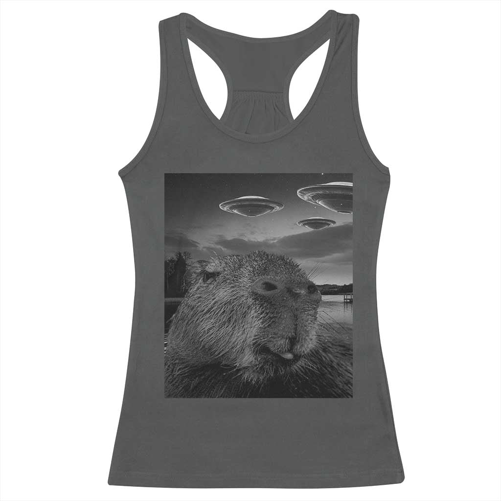 Funny Graphic Capybara Selfie with UFOs Weird Racerback Tank Top