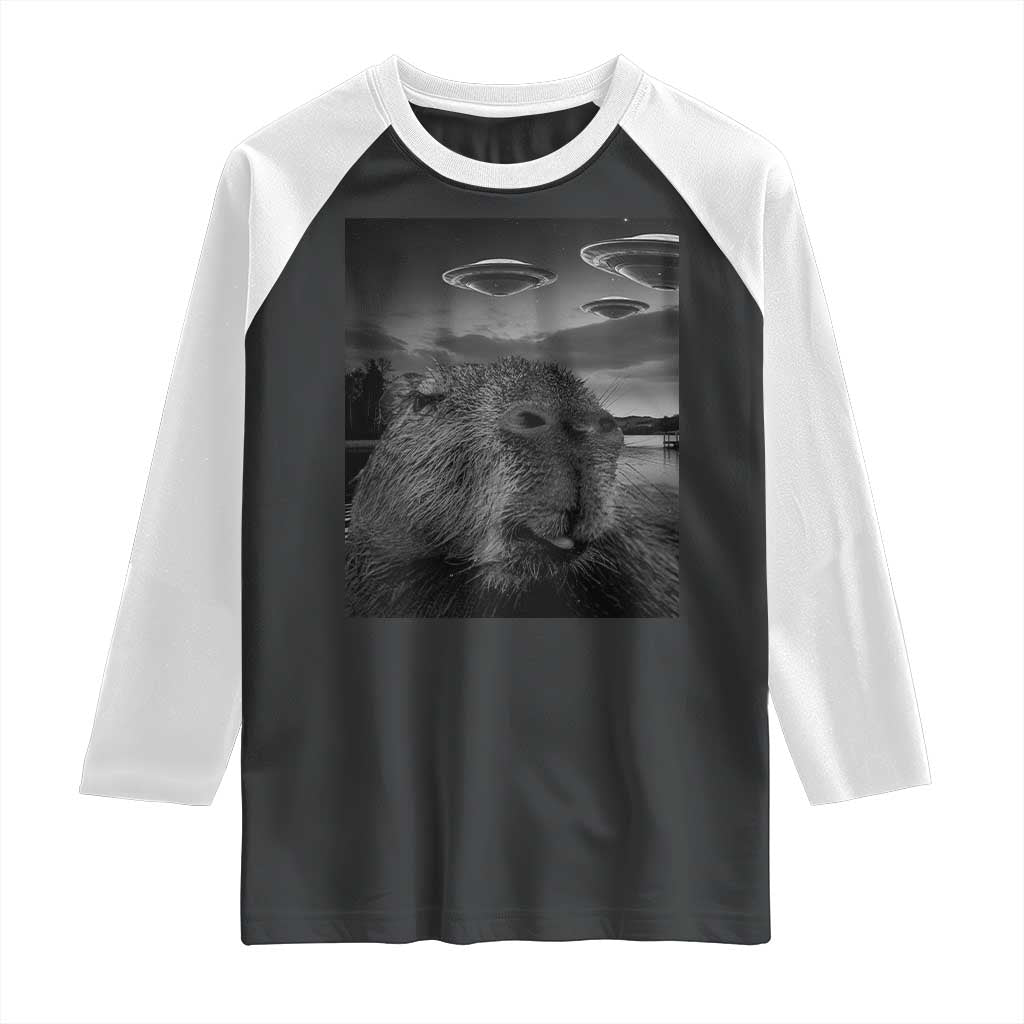 Funny Graphic Capybara Selfie with UFOs Weird Raglan Shirt