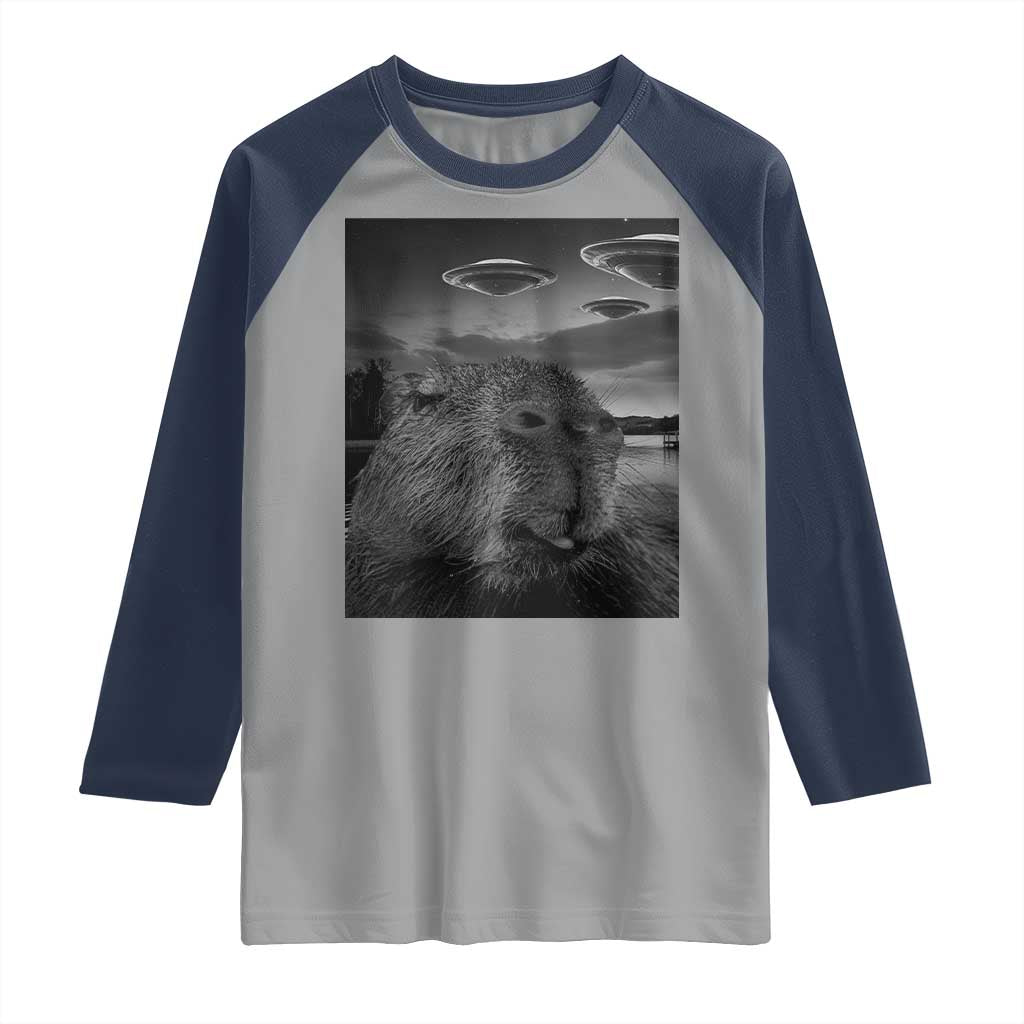 Funny Graphic Capybara Selfie with UFOs Weird Raglan Shirt